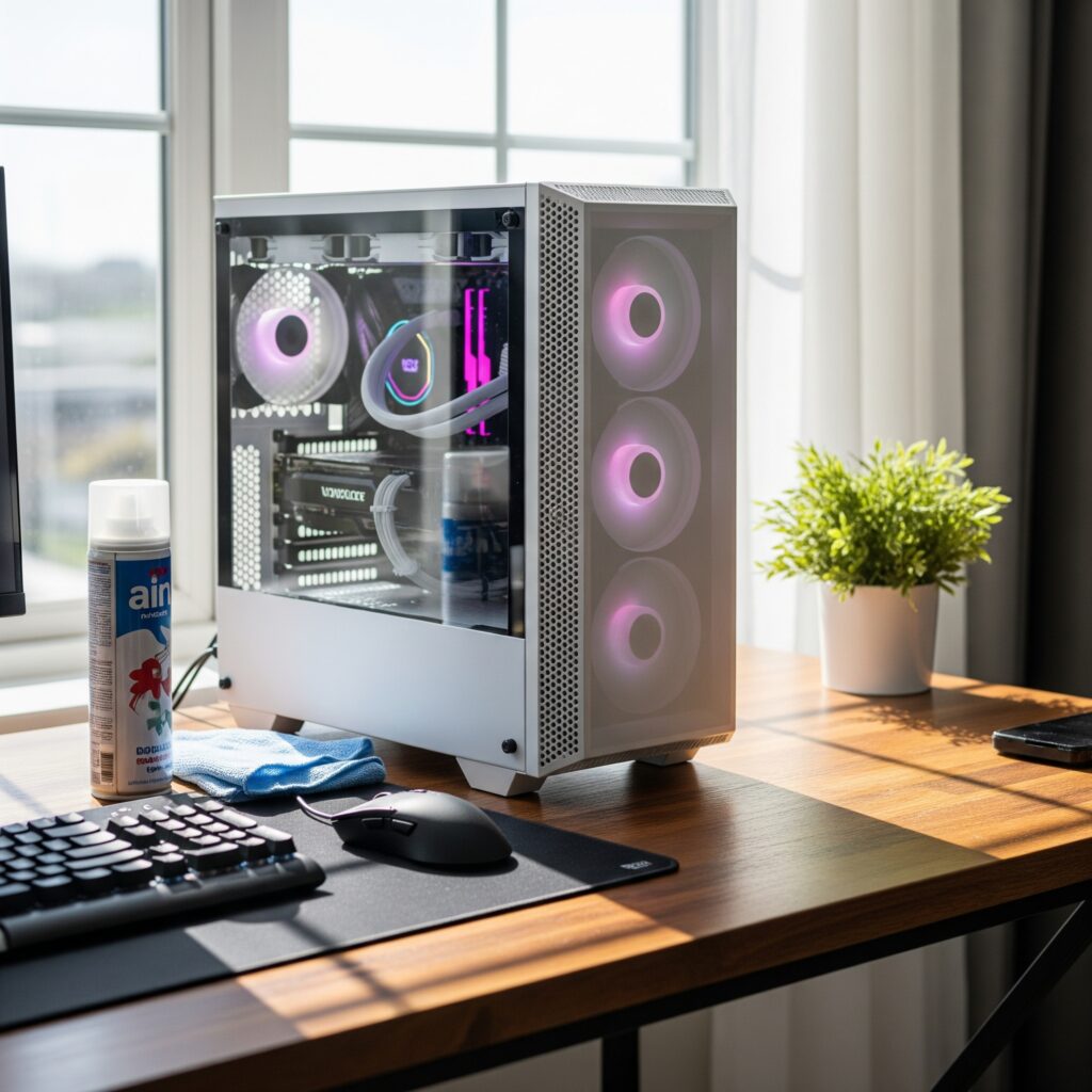 エアダスターを使ってPC内部を清掃し、キーボードやマウスも綺麗にするメンテナンス作業の様子