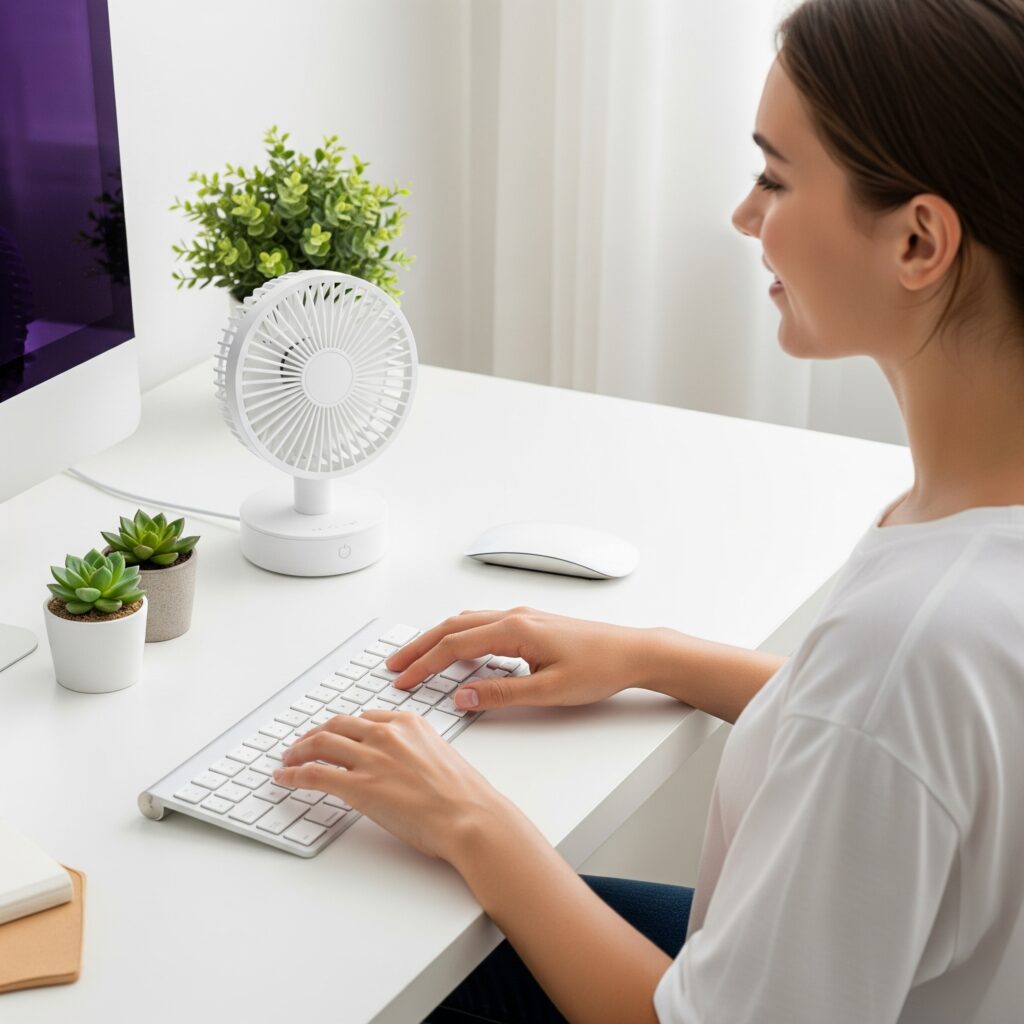 【番外編】デスクの手汗対策!日本製・国内メーカーの卓上ファンでPC作業を快適に 22 デスクの上で静かに回る白いUSBファン 涼しい風がPCのキーボードとマウスに当たっている 汗のない快適な手元 明るく清潔感のある夏のデスク環境 スタイリッシュ、ミニマル、ガジェット 写真、リアルな描写、高解像度