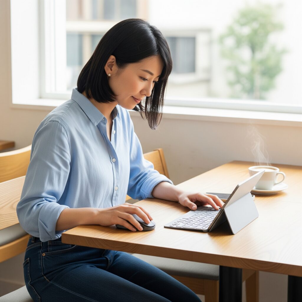 カフェでモバイルマウスとキーボードを使って作業するイメージ